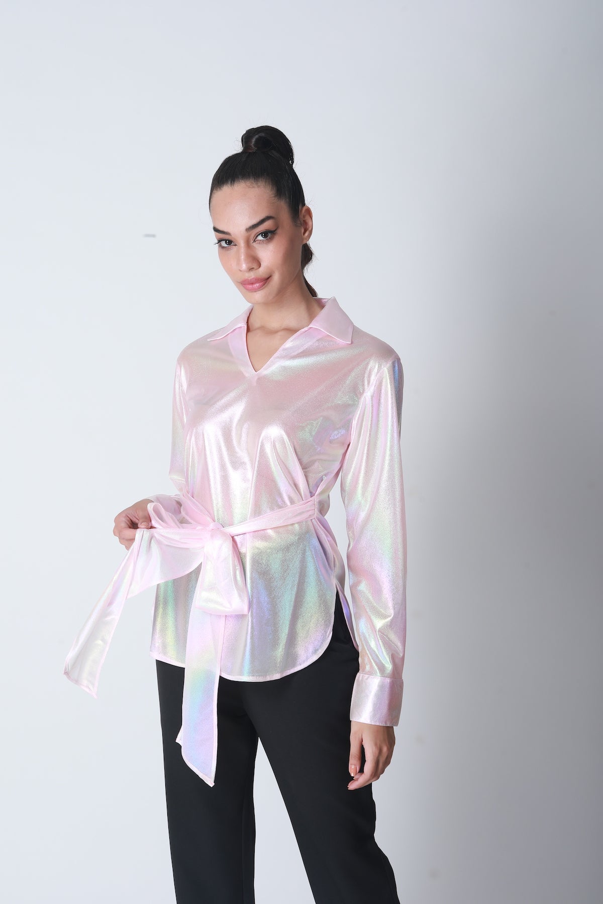 Knot Tie Mettalic Shirt - Pink