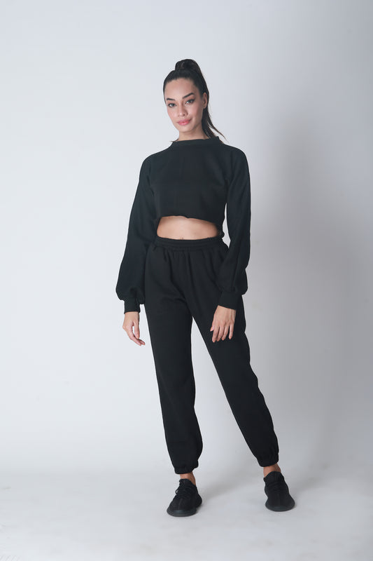 Fleece Crop Jogger set - Black