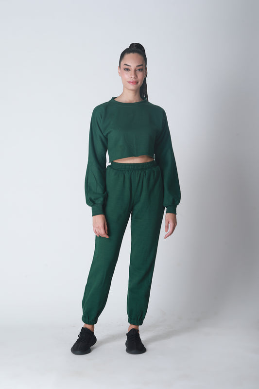 Fleece Crop Jogger set - Dark Green