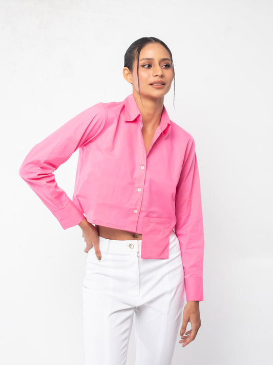 Shades of Pink - Neon Pink Flap Pocket Crop Shirt