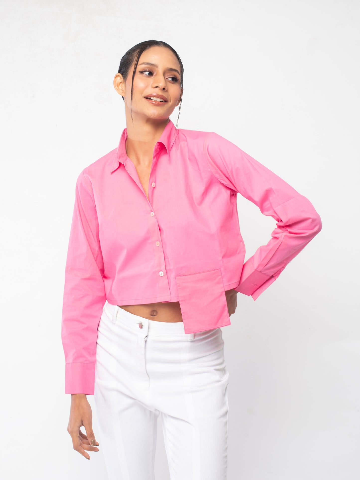 Shades of Pink - Neon Pink Flap Pocket Crop Shirt