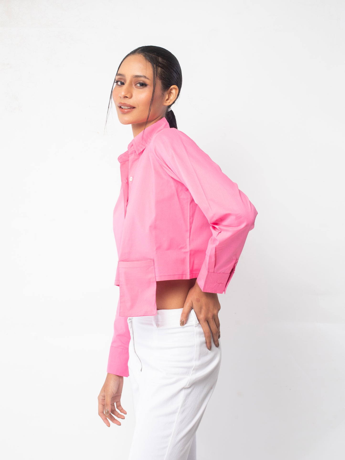 Shades of Pink - Neon Pink Flap Pocket Crop Shirt