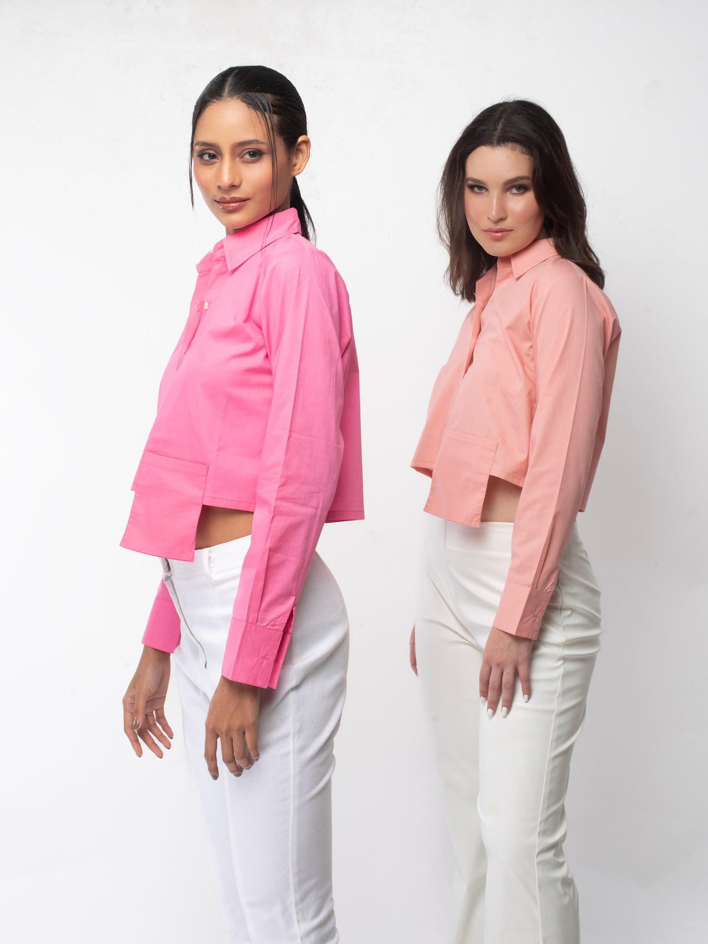 Shades of Pink - Neon Pink Flap Pocket Crop Shirt