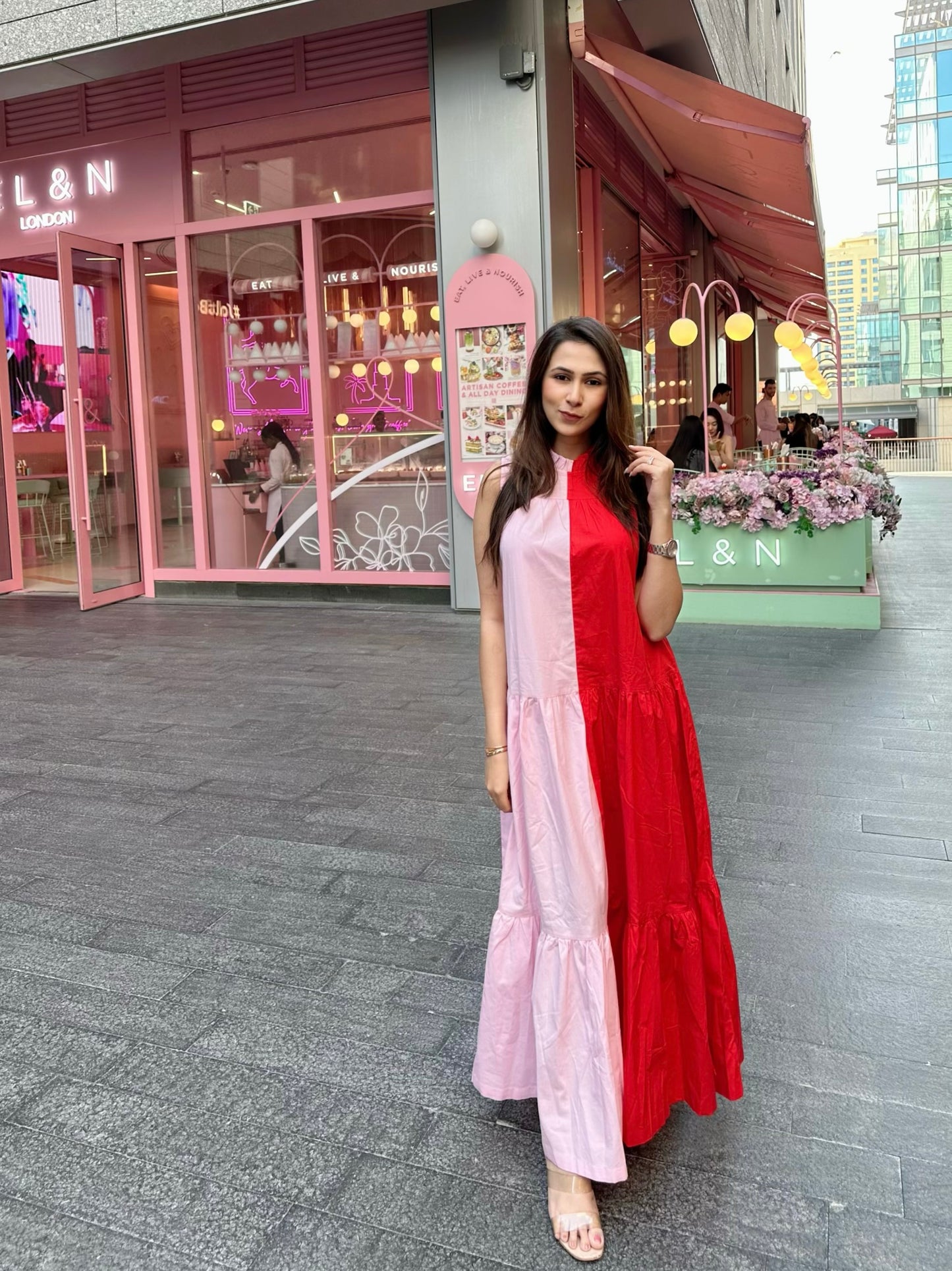 color block pink and red dress Red Pleated Halter Neck Color Block Maxi Dress *FINAL SALE*